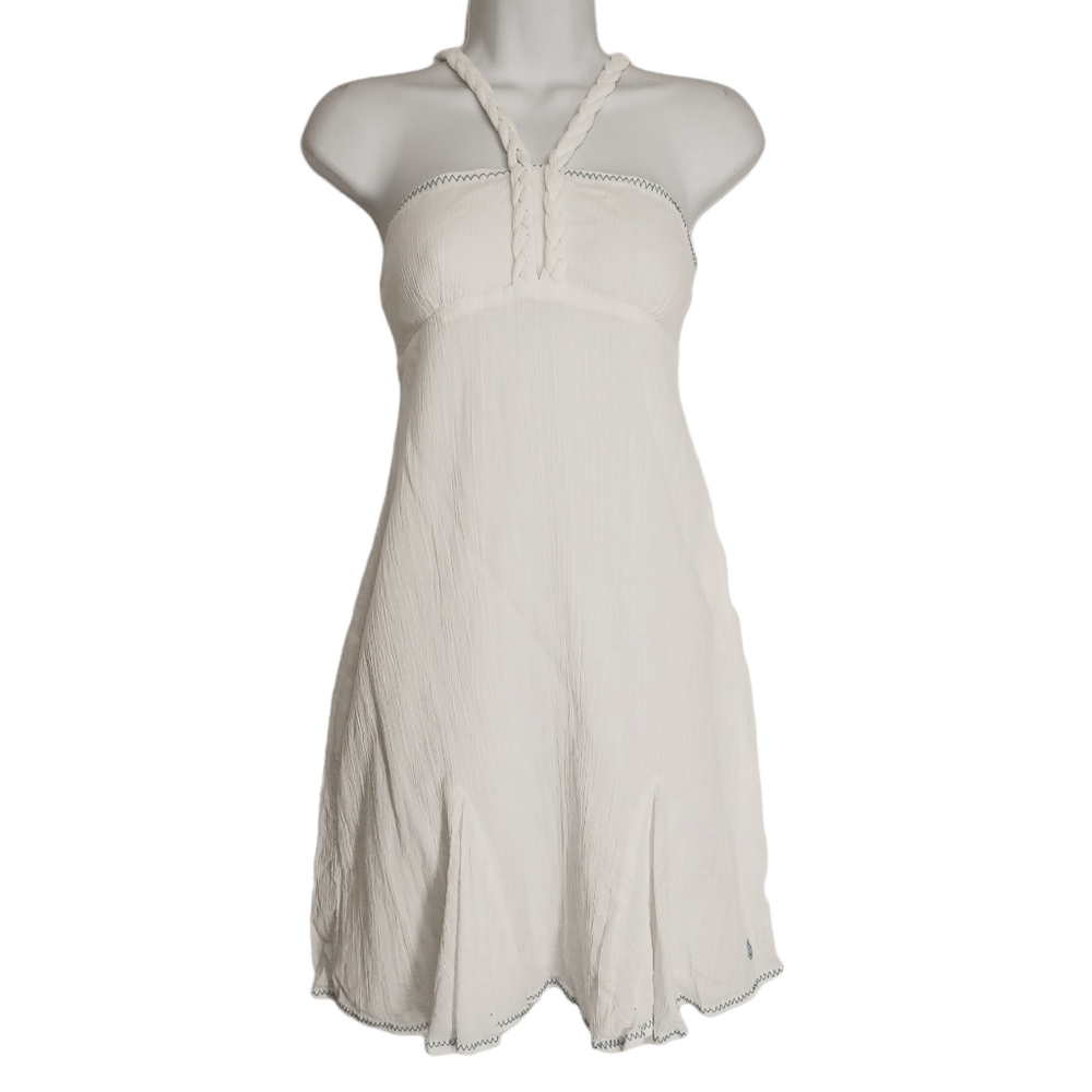 VOLCOM White Crepe Blue Embroidered Halter Neck Sleeveless Dress Medium
